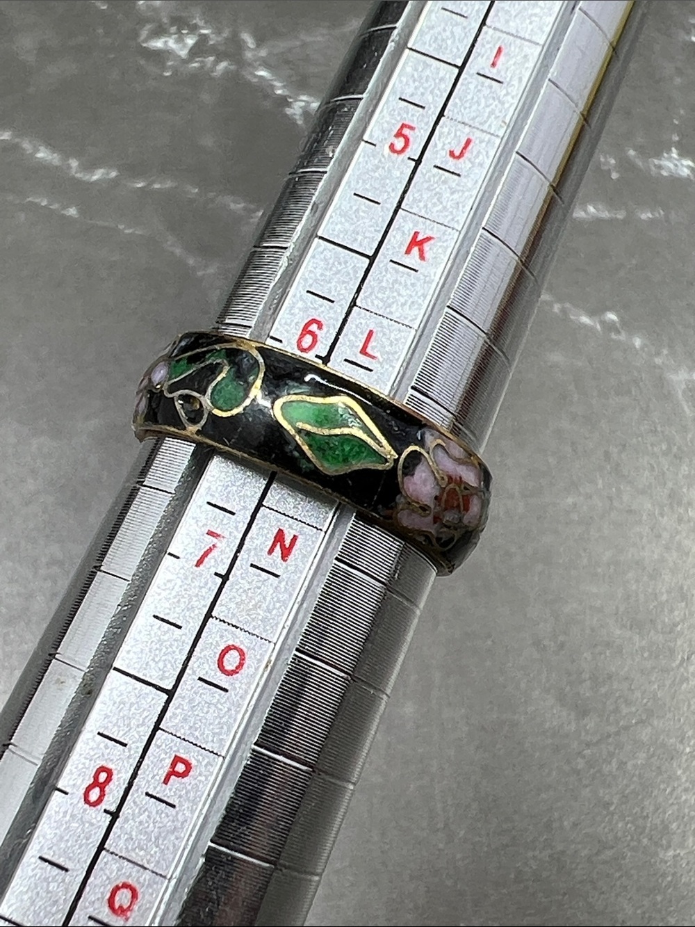 Vintage 70’s Floral Cloisonné Black Enamel Ring with Green and Pink Accents